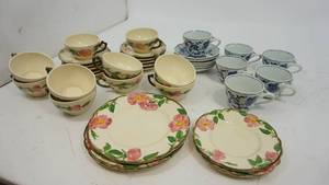Set Of Miscellaneous China Dishes With Pink Flowers & Green Vines On Them-Six Matching China Cups & Saucers With Blue Floral Design On Them