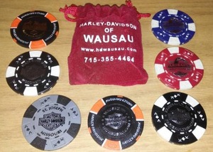 lot 91 image: Harley Davidson Poker Chips (7) and Wausau Bag.