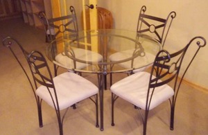 lot 208A image: Glass top table & 4 metal framed chairs - exquisite