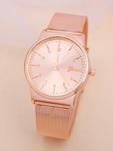 1pc Mesh Strap Round Pointer Quartz Watch & 4pcs Bracelet