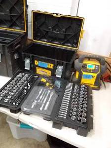 LOT OF DEWALT TOOLS, MECHANIC TOOL SET, ROOLOUT TOOL BOX AND DEWALT JUMPER