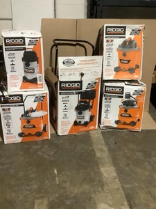 Pallet of Assorted Sizes & Colors of RIGID WetDry Shop Vacuums. Various Conditions. See Pictures