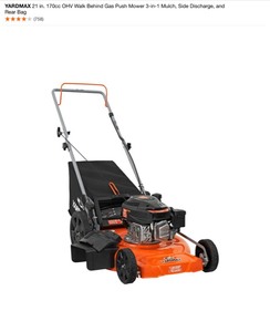 YARDMAX 21 in. 170cc OHV Walk Behind Gas Push Mower 3-in-1 Mulch, Side Discharge, and Rear Bag. See Pictures