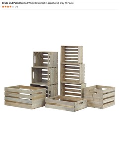 Crate and Pallet Nested Wood Crate Set in Weathered Gray (9-Pack) & Rubbermaid FastTrack Garage 24 in. Mesh Basket. See Pictures