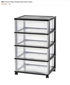 IRIS Portable Project Case in Clear (5-Pack), Clear Blue Latch Weather Tote, IRIS 4-Drawer Plastic Wheeled Wide Chest in Black. See Pictures