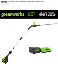 Greenworks PRO 20 in. 60V Battery Cordless Pole Hedge Trimmer with 2.0 Ah Battery and Charger. See Pictures