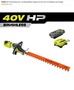 RYOBI 40V HP Brushless 26 in. Cordless Battery Hedge Trimmer with 2.0 Ah Battery and Charger. See Pictures