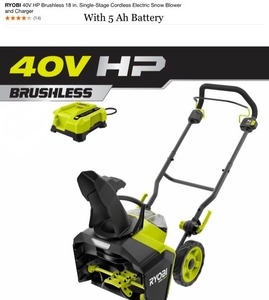 RYOBI 40V HP Brushless 18 in. Single-Stage Cordless Electric Snow Blower with 5.0 Battery and Charger. See Pictures
