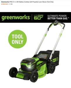 Greenworks PRO 21 in. 60V Battery Cordless Self-Propelled Lawn Mower (Tool-Only). See Pictures