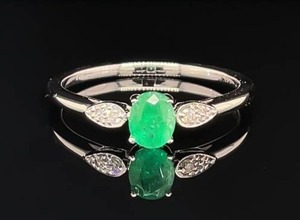 Brand New Oval Natural Emerald & Diamond Dainty Leaf Pave Ring in 14k White Gold VIDEO