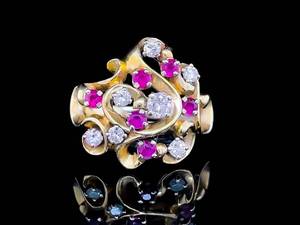 Vintage Estate Natural Ruby & 12 Carat Diamond Filigree Bouquet Cluster Ring in 14k Yellow Gold