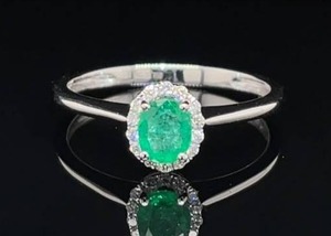 Estate Oval Emerald & Diamond Halo Ring in 18k White Gold