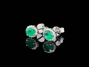 Estate Oval Emerald & Diamond Halo Cluster Stud Earrings in 18k White Gold