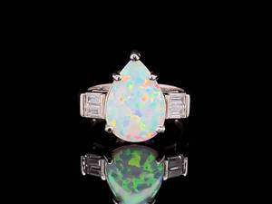 Estate Unique Style White Opal Pear Baguette Ring in 925 Sterling Silver
