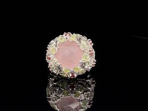 Estate Remarkable Rose Quartz, Peridot & Garnet Floral Garden Cluster Ring in 925 Sterling Silver