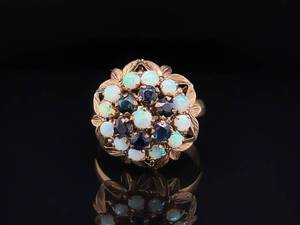 Antique Blue Spinel & Opal Mini Stone Ornate Flower Cluster Ring in 18k Yellow Gold