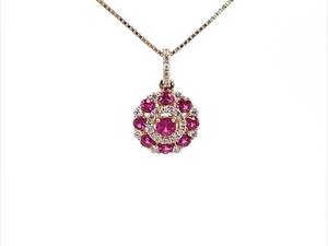 Brand New Ruby & Diamond Floral Cluster Pinwheel Pendant Necklace in 14k Yellow Gold