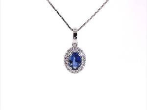 Brand New Fine Oval Blue Sapphire & Diamond Cluster Pendant in 14k White Gold