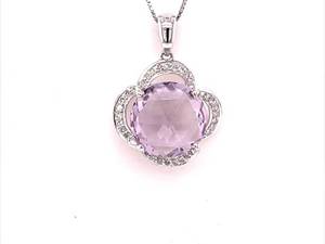 Brand New Light Purple Amethyst & Diamond Accent Flower Pendant in 14k White Gold