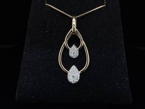 Brand New Diamond Pave Double Raindrop Halo Pendant in 14k Two-Tone Gold