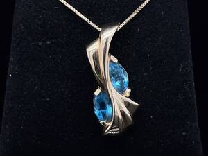 Vintage Estate Double Marquise Blue Topaz Ribbon Pendant in 14k Yellow Gold