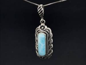 Vintage Styled Estate Larimar Engraved Scalloped Pendant in 925 Sterling Silver