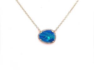 Brand New  Fine Free Form Blue Opal & Diamond Halo Layering Necklace in 14k Yellow Gold