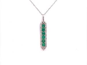 Estate Channel Natural Emerald & Diamond Linear Pendant in 14k Gold