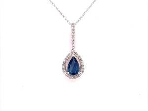 Pear Blue Natural Sapphire & Diamond Halo Cluster Pendant Necklace in 14k White Gold