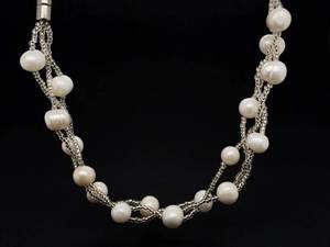 Estate Tendrils of White Cultured Pearls & Beads Braided Strand Necklace in 925 Sterling Silver