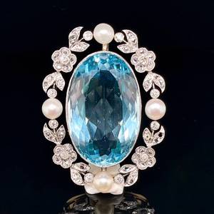 Antique Edwardian 30 Carat Aquamarine, Diamond & White Seed Pearl Filigree Pendant in 18k Gold VIDEO