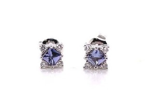 Brand New Tanzanite & Diamond Art Deco Cluster Stud Earrings in 14k White Gold