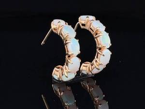 Estate Unique Oval Opal Cabochon C-Hoop Earrings in 14k Yellow Gold