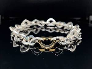 Estate Authentic TIFFANY & CO. 2001 Heart Link Two-Tone Bracelet in 18k Yellow Gold and 925 Sterling Silver