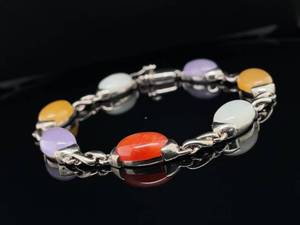 Estate Vintage Multi-Color Jade Twisted Link Bracelet in 925 Sterling Silver
