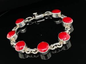 TAXCO SIGNED Estate Round Red Coral Elongated Link Bracelet in 925 Sterling Silver