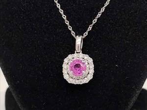 Brand New 1.07 Carat Round Pink Sapphire & Diamond Double Halo Pendant Necklace in 14k White Gold