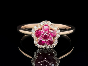 Brand New  Very Fine Natural Ruby & Diamond Flower Cluster Ring in 14k Rose Gold VIDEO