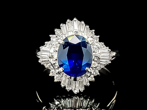 2.05 Carat Princess Diana Style Oval Natural Sapphire & Diamond Cluster Cocktail Estate Ring in Platinum VIDEO