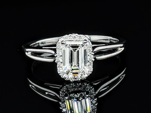 Vintage Elegance .84 Carat Estate Emerald Cut Diamond Halo Split Shoulder Ring in 14k White Gold VIDEO