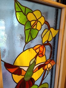 Colorful Hanging Stained Glass Panel Featuring a Beautiful Hummingbird Scene