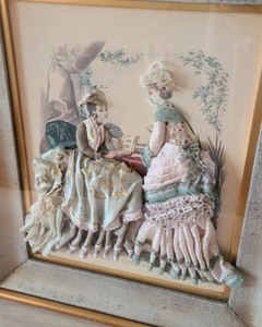 Pair of Antique La Mode Fabric Embellished Shadowbox Pictures