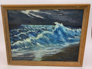 lot 27 image: Framed Vintage Mid Century Oil on Canvas Seascape Shoreline Painting - The Angry Sea