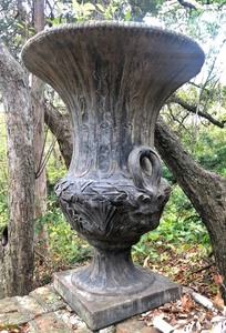 lot 46 image: LARGE Ornate Cement Garden Urns wFaces #1