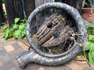 lot 121 image: Large Vintage Outdoor Instrument & Wooden Mask Sculpture