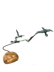 lot 7 image: Large Mid Century Bronze Sculpture wHeavy Stone Base - Birds in Flight