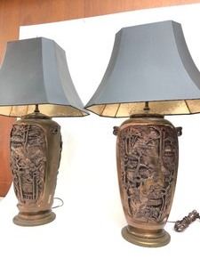 lot 3 image: Stunning Pair of Deep Relief Heavy Bronze Sculptural Oriental Table Lamps