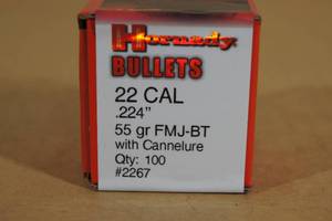 100 Hornady 22 Cal .224 55 Gr FMJ-BT Bullets with Cannelure