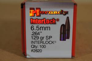 100 Hornady Interlock 6.5mm .264 129 Gr SP Bullets