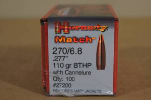 100 Hornady Match 2706.8 .277 110 Gr BT HP Bullets with Cannelure